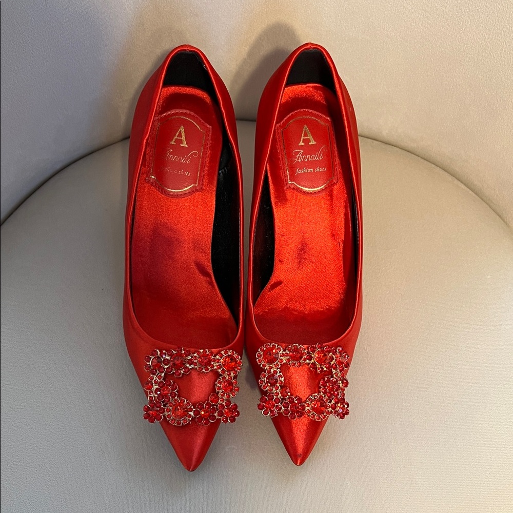 Abrand Scarlet Satin Heels with Embellished Buckle